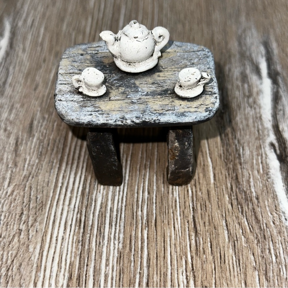 Fairy Village Miniature Mini Fairy Tea Table Gray White Pot Cups Collectable